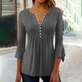 thumbnail image 2 of Htigea 3/4 Length Sleeve T-Shirts for Women Pleated V Neck Tunic Tops Button Down Pullover Flare Sleeves Casual Tee Dark Gray,XL, 2 of 5