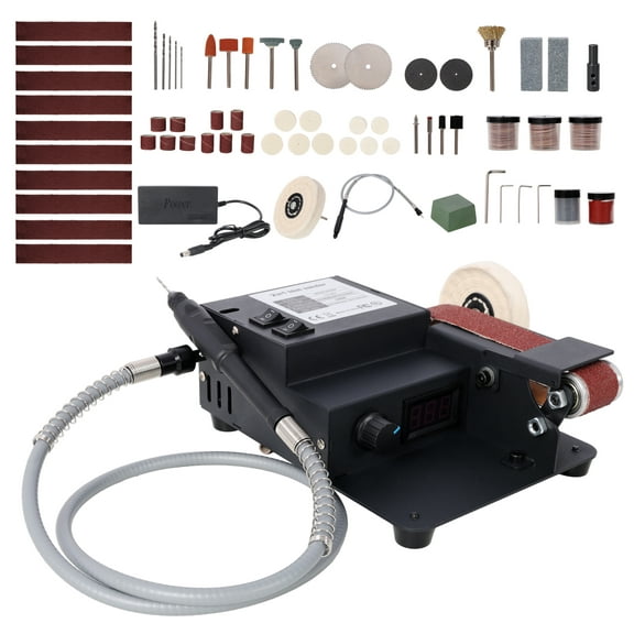 2-in-1 Belt Sander, 350W Mini Electric Sander - Dual Motor Rotary Tool with 10 Sanding Belts, Desktop Polisher for Wood Metal Crafts Black   Metal