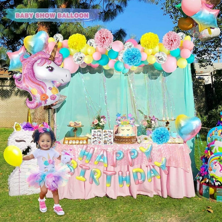 YANSION Unicorn Party Decorations Girls Birthday Party Supplies 3D Unicorn  Balloon Ice Cream Latex Balloons Summer Party with Happy Birthday Banner  Unicorn Party Balloons 