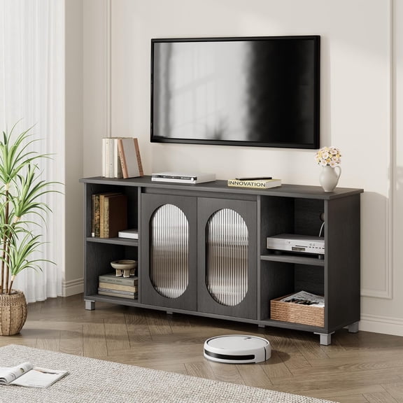 Home Modern TV Stand for 70 Inch, Entertainment Center with Storage Shelves & Glass Doors – Wooden Media Console Cabinet for Living Room, Bedroom