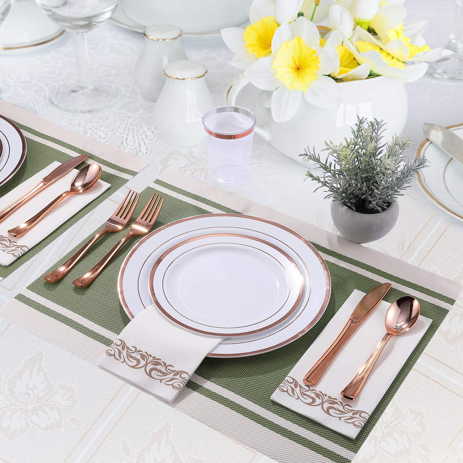 Focusline [175pack] Disposable Dinnerware Set 25 Guest-50 Rose Gold Rim Plastic Plates-25 Rose Gold Plastic Silverware-25 Rose Gold Plastic Cups-25 Linen Feel Paper Napkins