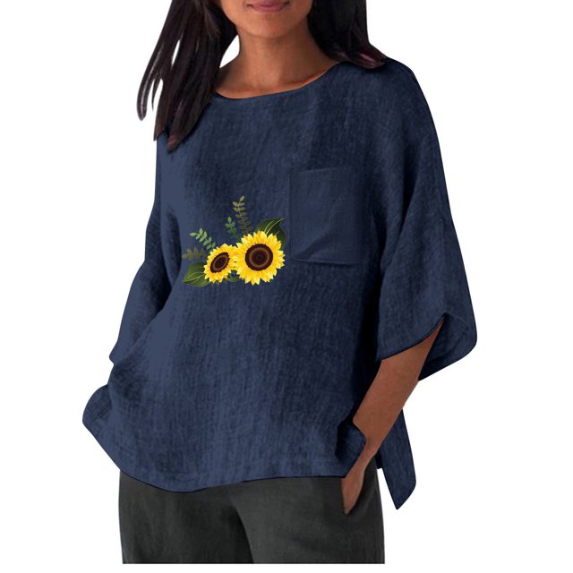 Birdeem Chemise Imitation Coton et Lin pour Femmes Manches 3/4 Col Rond T-Shirt Ample Décontracté Léger et à la Mode Haut d'Été