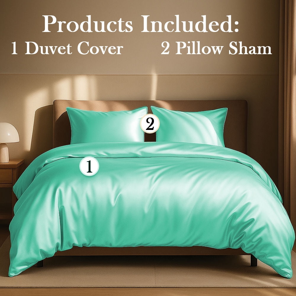 Amay Satin Silk Oversized Queen Duvet Cover Set (98"×98", Aqua ) – Luxurious Glossy Finish – Ideal for Master Bedrooms, Hotel-Inspired Décor – 3-Piece Set
