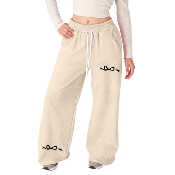 Girls Bowknot Barrel Leg Sweatpants Kids Athletic Elastic Waist Wide Leg Joggers Pants With Pockets Girl Sweatpants Beige 4 Y-5 Y