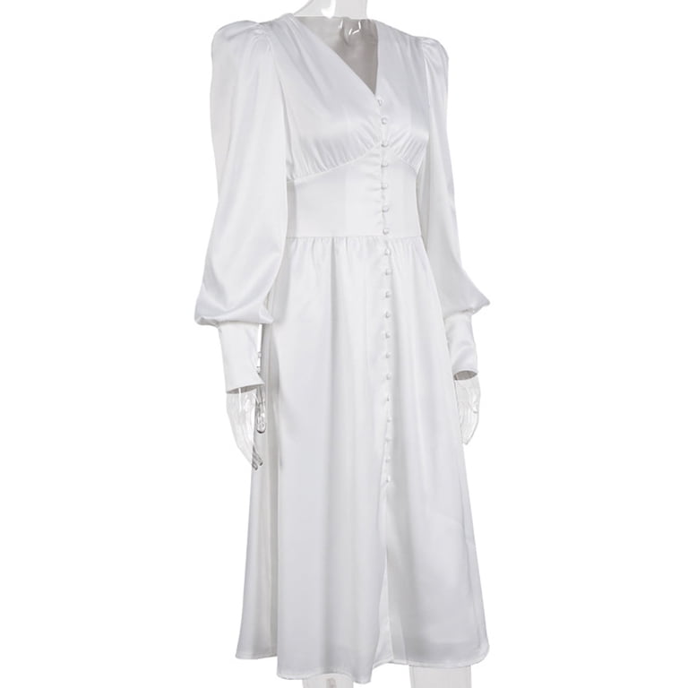 IROINNID Semi Formal Dress for Women Long Sleeve Empire Dress Solid Color  Satin Soft Waist And Dress Satin V-Neck Slim Button Lantern Sleeve Dress,White  - Walmart.com