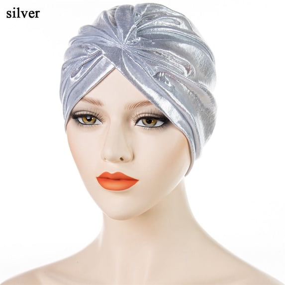Women Ladies Forehead Crossed Stamping Laser Muslim Hijab Hat Turban Hat Indian Hat Pullover Hat SILVER