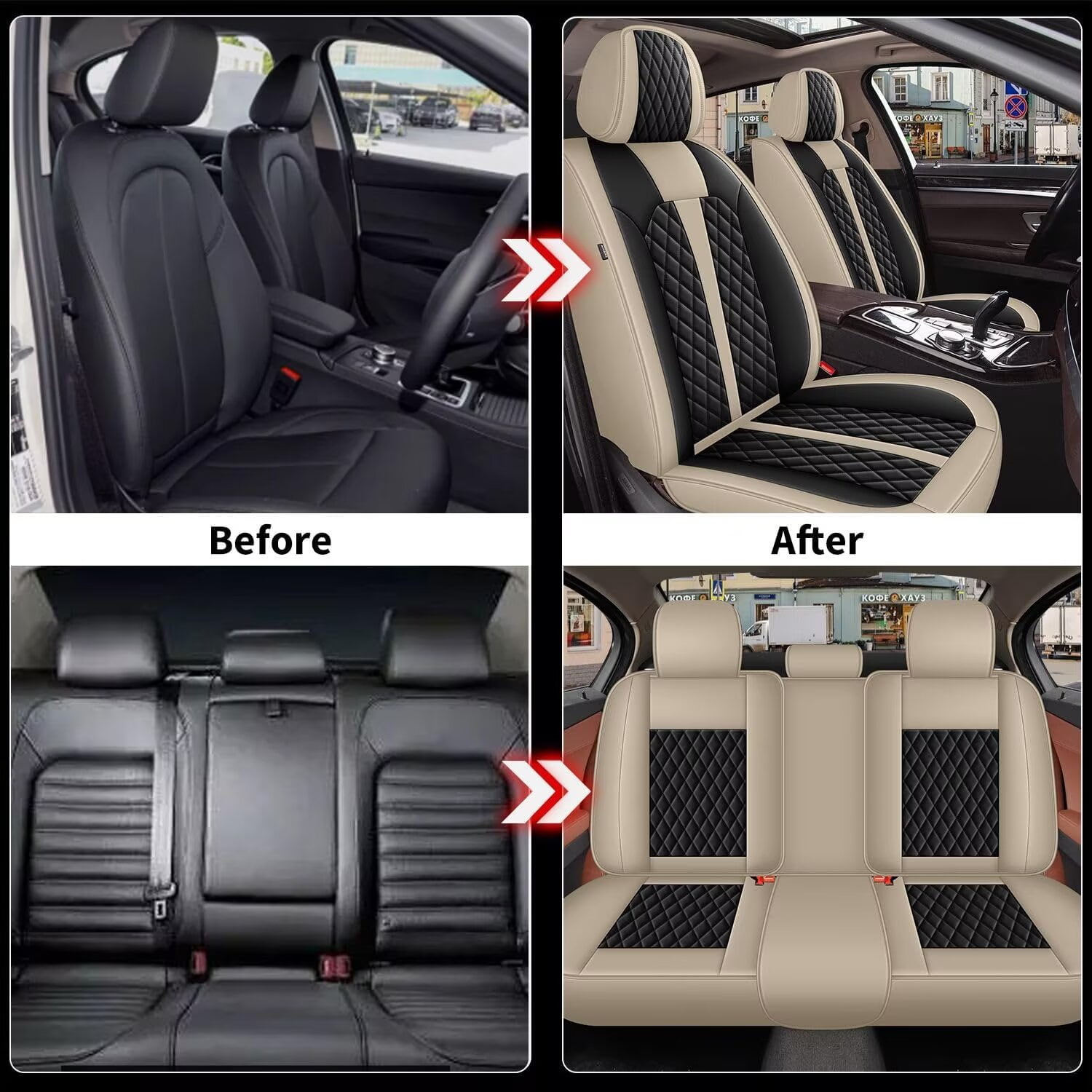 DIKSOAKR Car Seat Covers Full Set Fit for Toyota Tacoma 2016-2024: 5 Seat Auto Interior Accessories, Faux Leather Waterproof Car Seat Cushions Vehical Cover (Black&Beige)