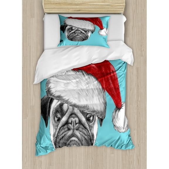 Ambesonne Pug Duvet Cover Set, Dog with Santa Hat X-Mas, Twin, Blue Ruby Grey