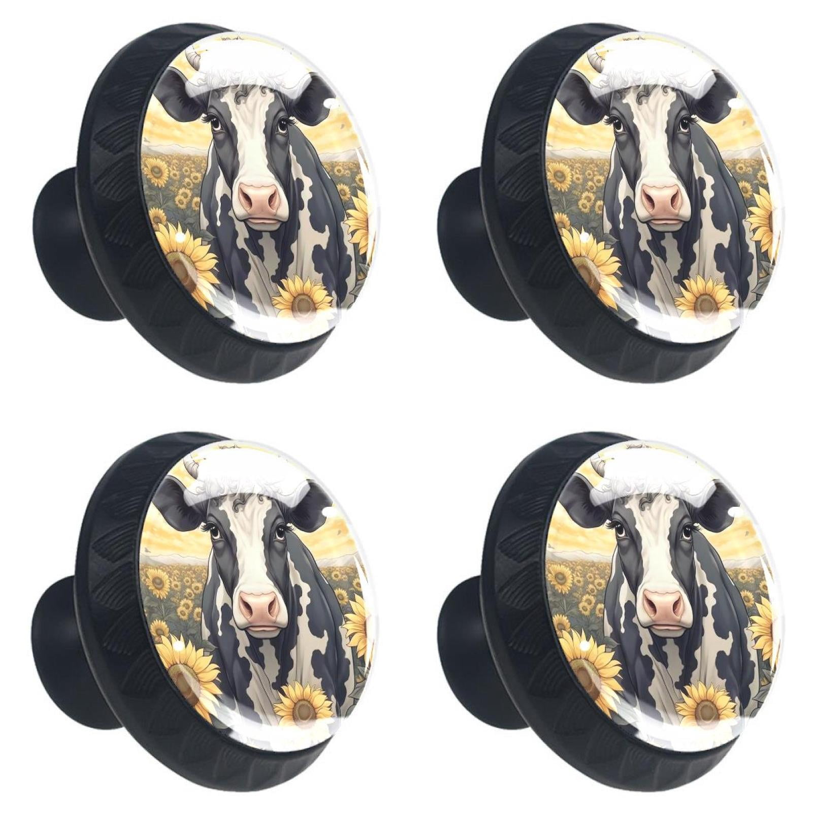 4 Pcs Cow and Sunflower Knobs for Kitchen Cabinet Cupboard Dresser Bookcase Drawer Pulls Handles Round Home Decor