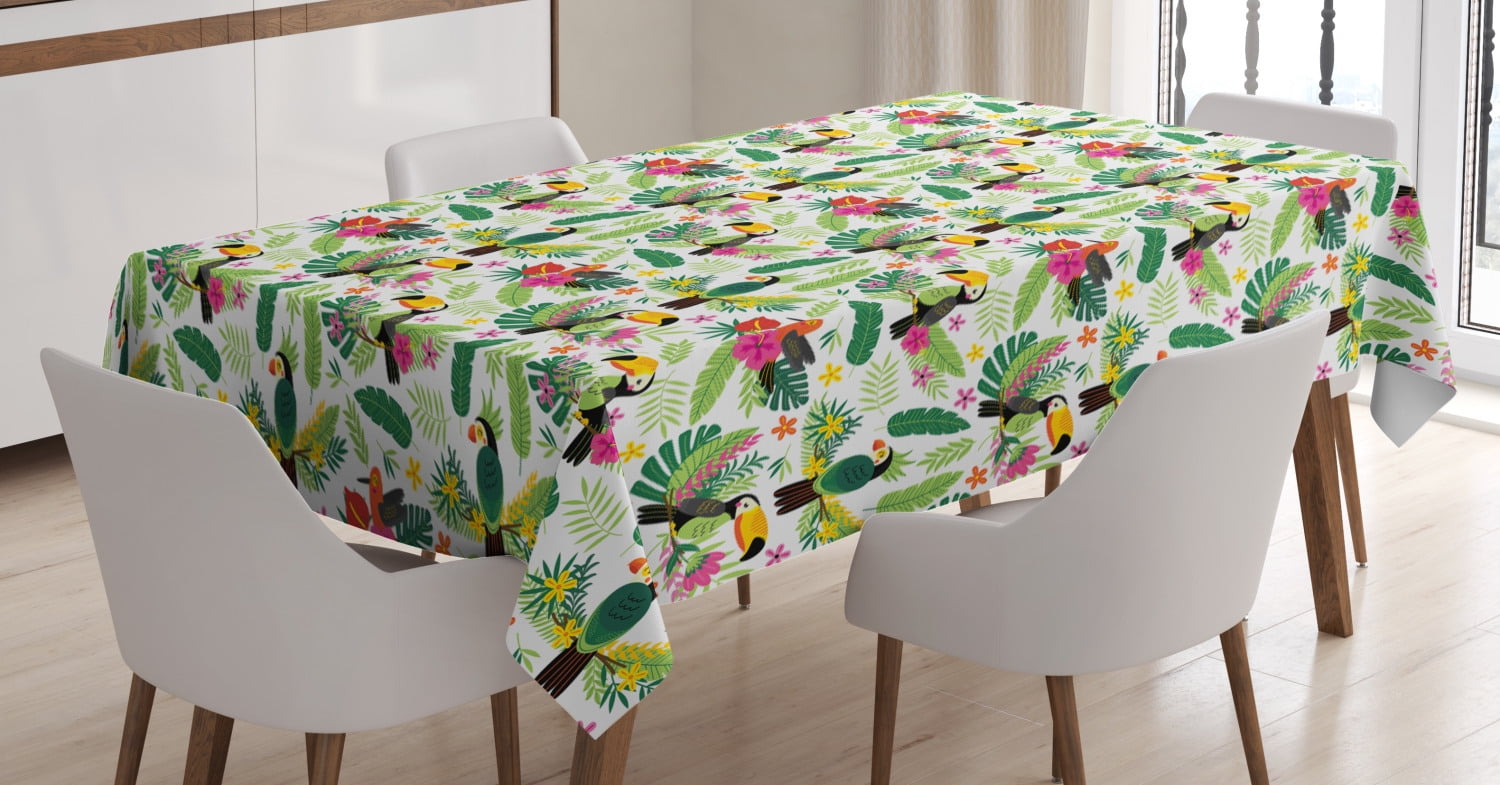 Parrot Tablecloth, Tropical Island Jungle with Flora and Fauna Birds