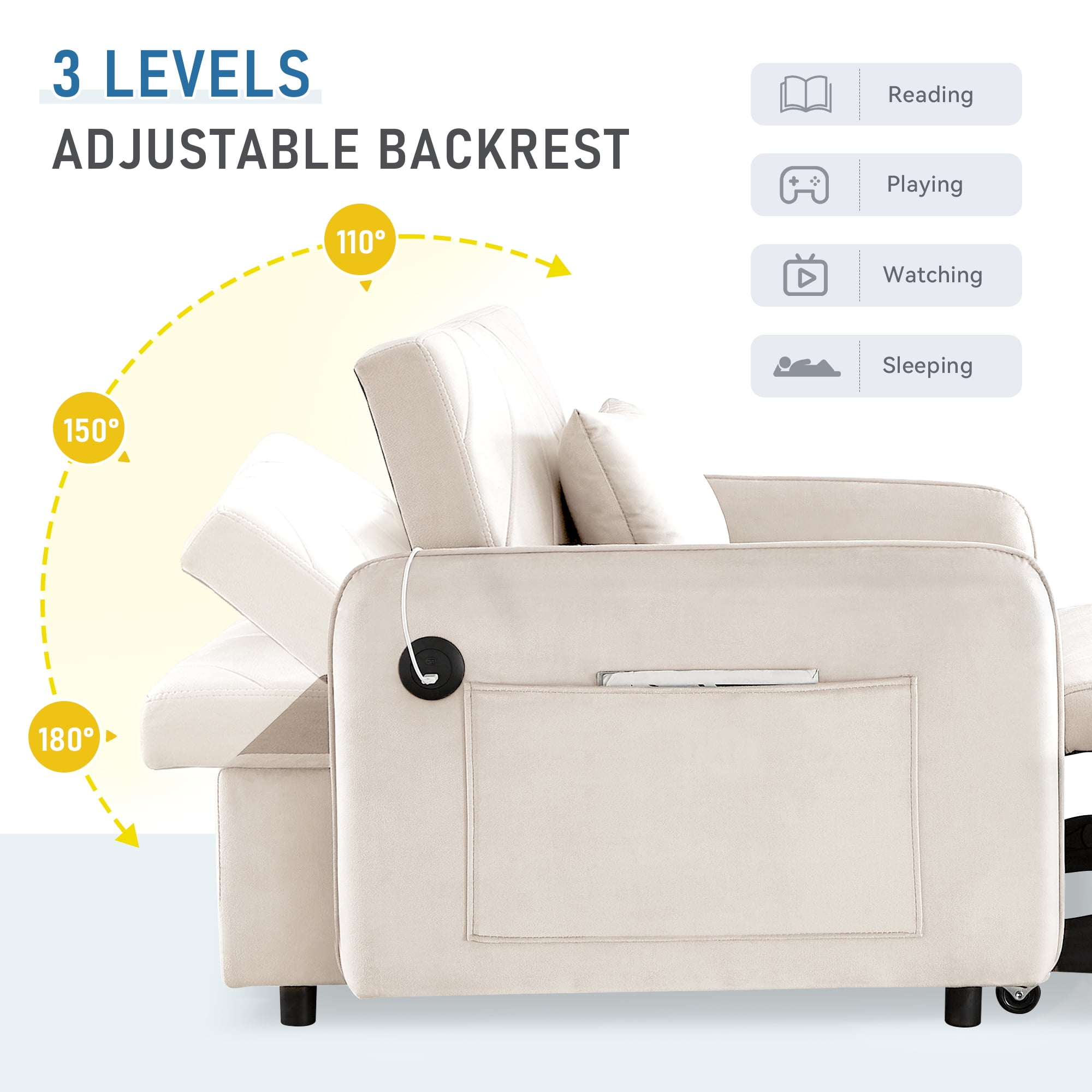 Lunale 3-in-1 Convertible Sleeper Chair Bed, Indoor Lounge Chair with USB/Type-C, Beige Velvet