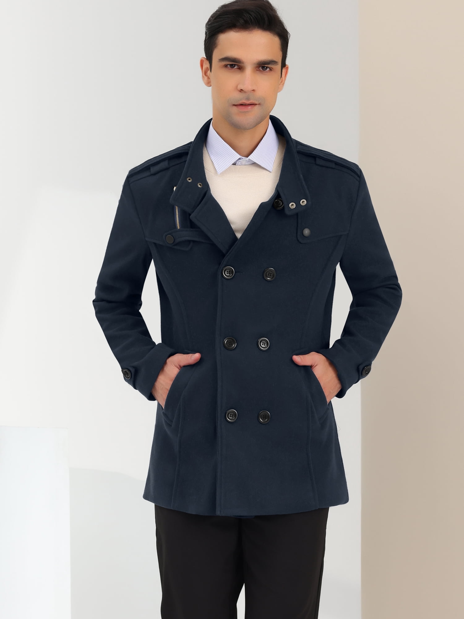 Unique Bargains Men's Winter Coat Stand Collar Double Breasted Pea Coats M Navy Blue