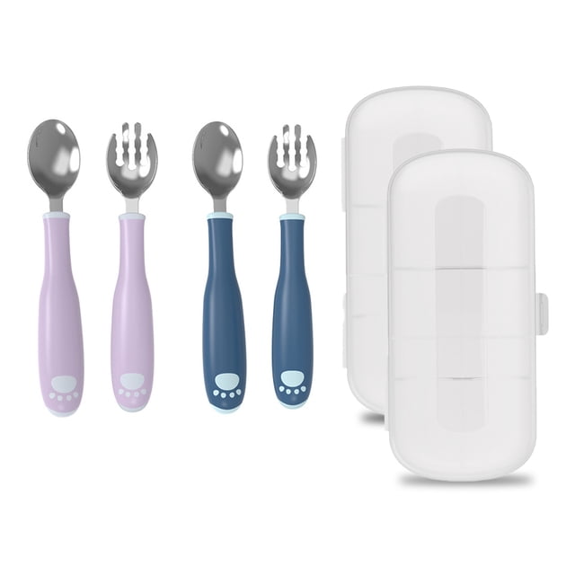 Hukapapa, 2 juegos de vajilla de entrenamiento para comer para niños, juego de cuchara y tenedor flexible de acero inoxidable, herramientas de alimentos complementarios