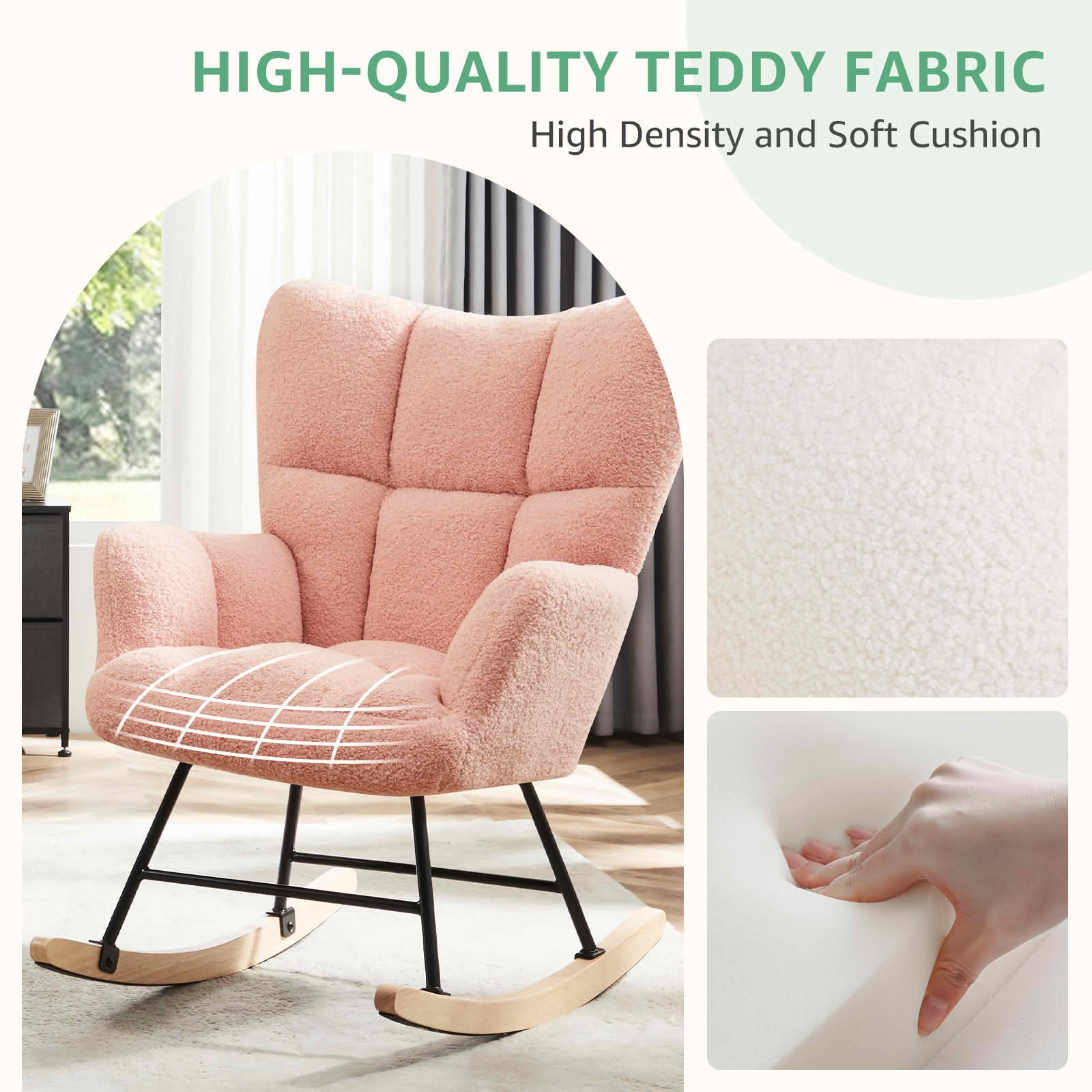 MAYEERTY Teddy Upholstered Modern Glider Rocker High Backrest Reading Chair for Nursery Bedroom Living Room