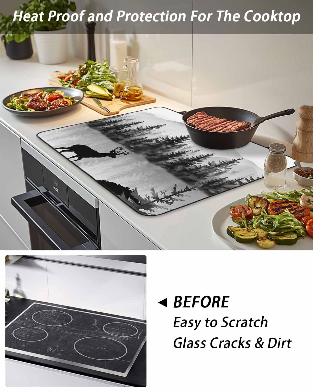 Stove Top Covers for Electric Stove, Deer Forest Glass Stovetop Cover Protector, Retro Country Trees Mountain Nature Scenery Induction Cooktop Protector Oven Mat for Kitchen Countertop 24"x21"