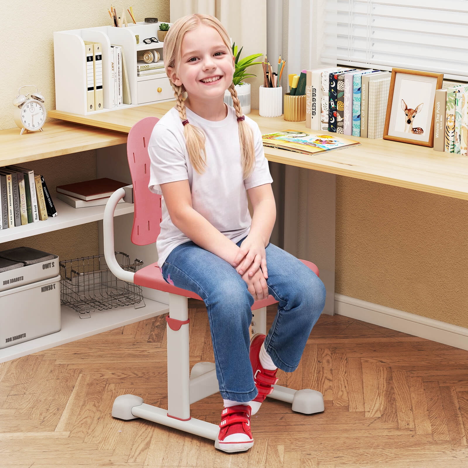Costway Kids Desk Chair with Adaptive Double Backrest, Adjustable Height, Breathable Seat Pink