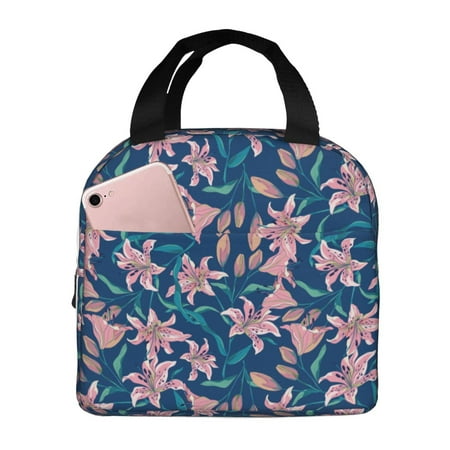 Insulated Lunch Bag for Women Men - Blue Leaves Lilies Flowers Leakproof Cooler Lunch Box for Women Men  Lunch Tote Bags for Work School Picnic Travel