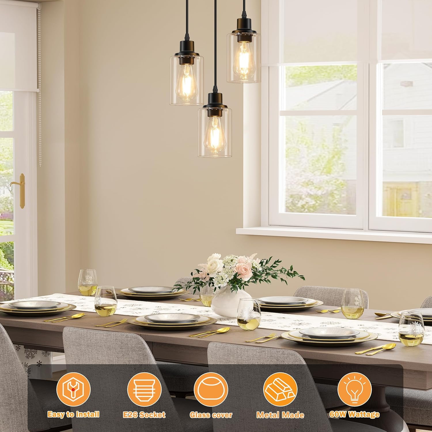 3-Light Pendant Light Fixtures Cluster Pendant Kitchen Island Pendant Lighting with Clear Glass Shade Hanging Light Fixtures with Adjustable Cord for Dining Room, Hallway, Living Room
