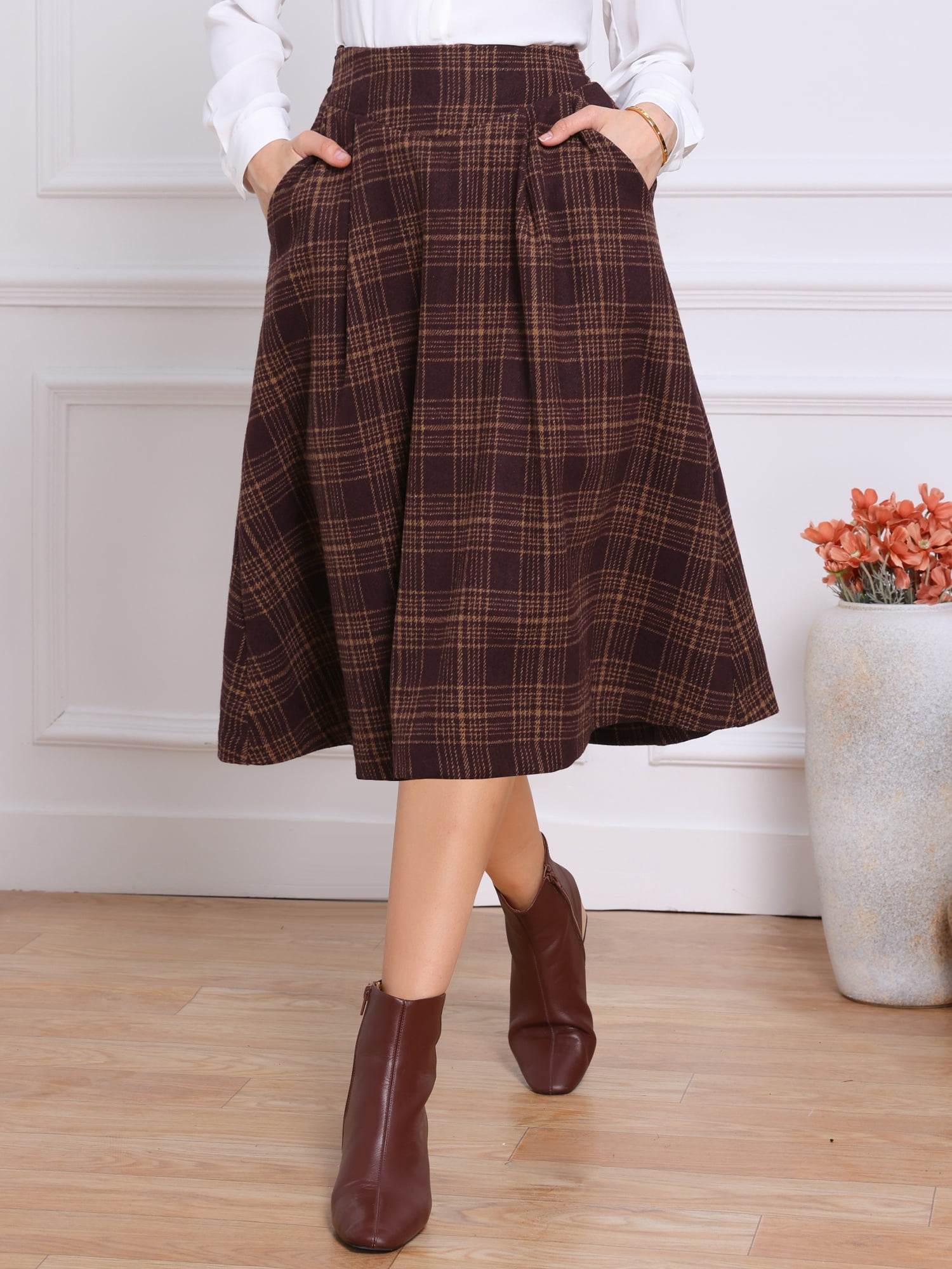 DARING DIVA Women's Midi A-Line Pleated Skirts with Pockets M Dark Pink