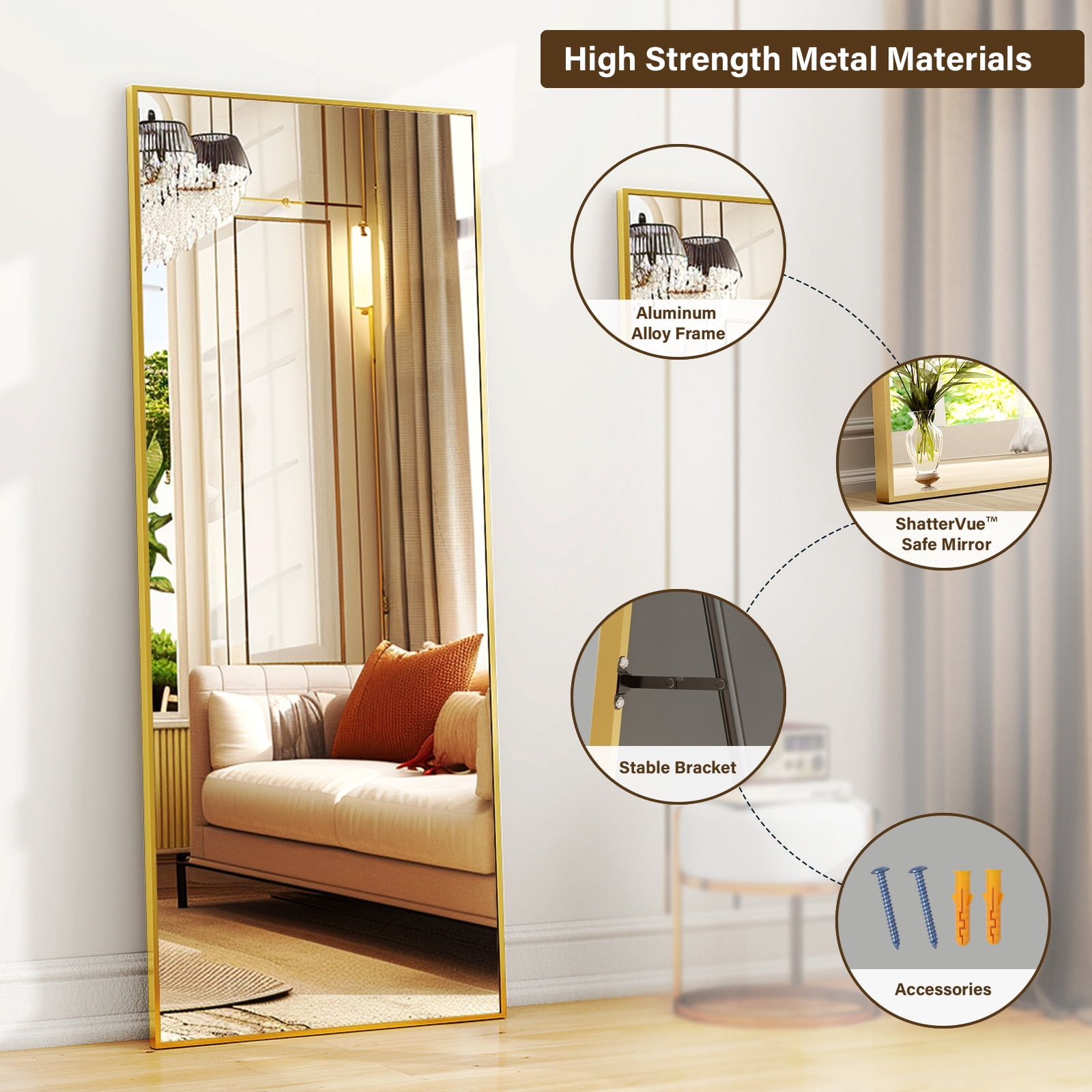 Easy4Home 56"x21" Rectangular Full Length Mirror Freestading Full Body Floor Mirror, Gold