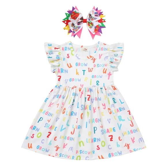 IDOPIP Toddler Kids Girls Back to School Dress with Hair Bow Cartoon Print First Day of School Outfit