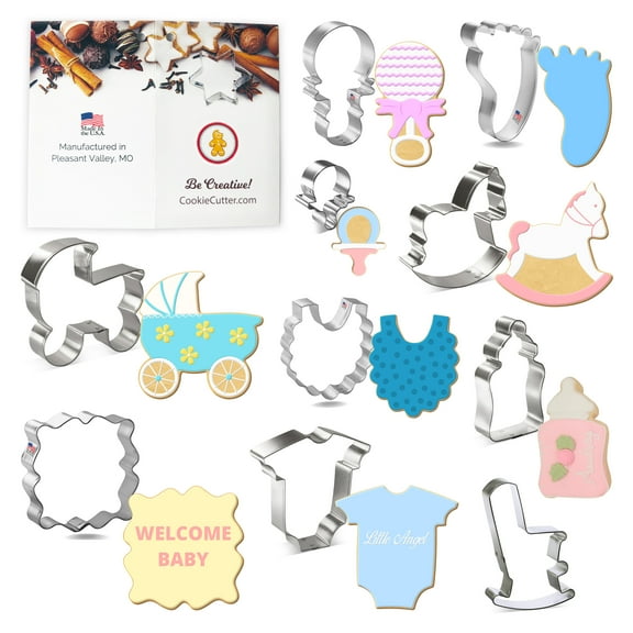 Foose Cookie Cutters Baby Shower 10 Piece Cookie Cutter Set Bib, Bottle, Metal, Handmade in the USA