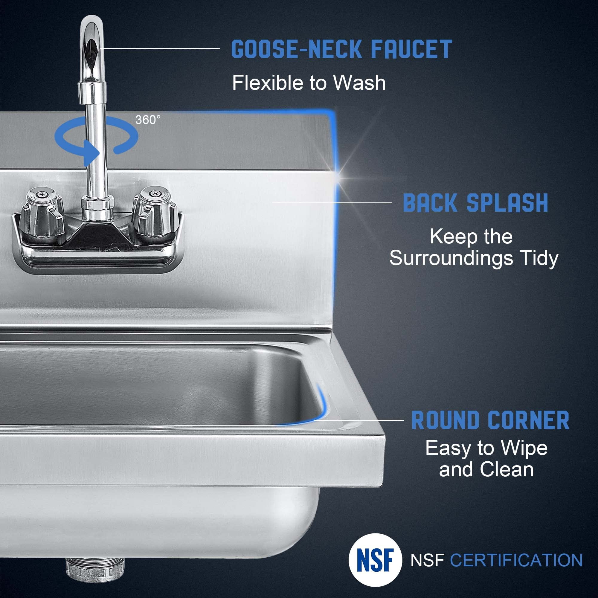 Commercial Hand Sink  Wall Mount Utility 304 Stainless Steel Wash Basin With Gooseneck Faucet Drain Basket And Backsplash For Restaurant Bar Home 17 X 15 Inch
