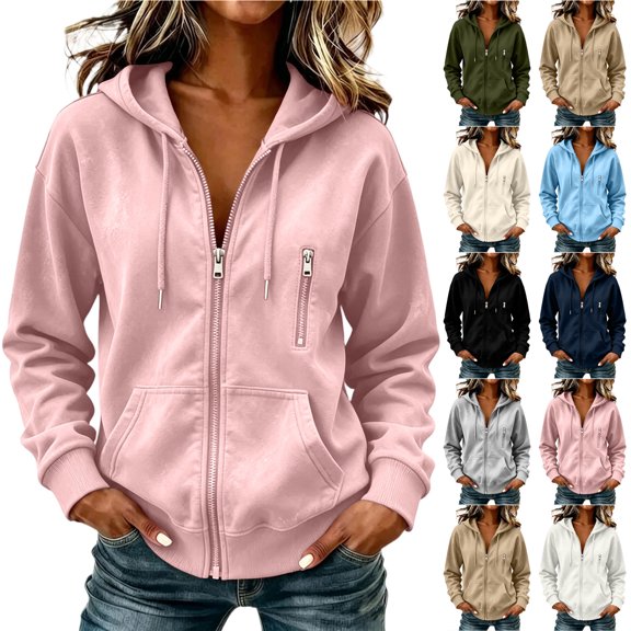 Otntypg Women's Fall Full Zip Up Y2K Hoodies Lightweight Casual Long Sleeve Drawstring Hooded Pullover Sweatshirts Trendy Fall Winter Track Jackets with Multi-Pockets