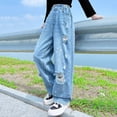thumbnail image 7 of Girls' Spring Fall Denim Pants With Distressed Rips Kids' Dad Style Wide Leg Trousers Blue 14 Y-15 Y, 7 of 7