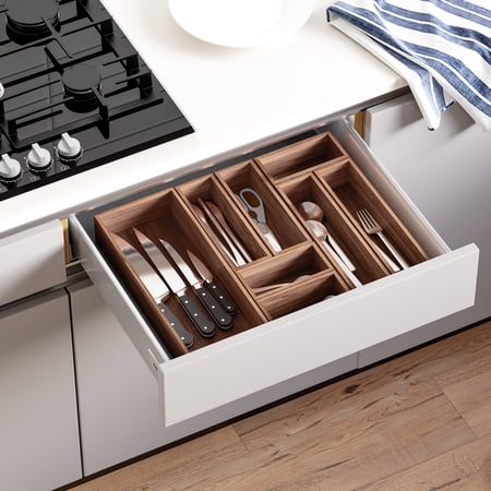 Seville Classics Acaicia Wood Premium Organizer Storage Bins for Kitchen Silverware, Pantry, Closet, Office Desk, Pens, Utensils, Makeup, K Cup, Acacia Wood, Bin Set (10 Piece)