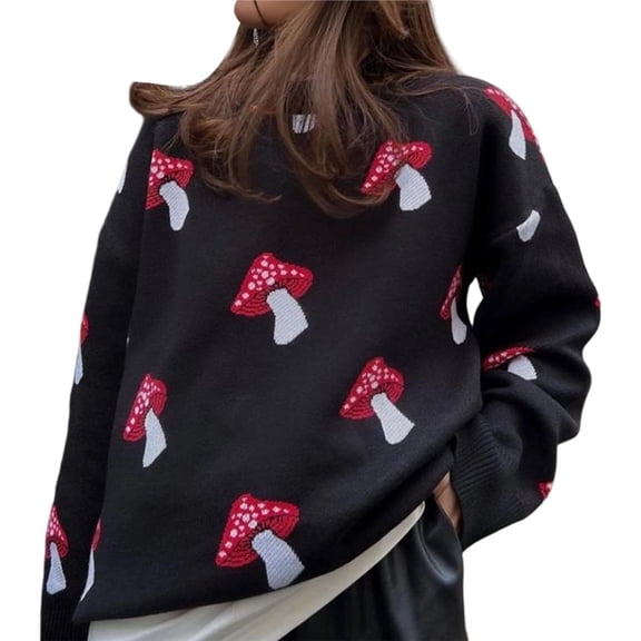 Mushroom Sweater Women Crewneck Long Sleeve Knit Sweater Loose Cute Graphic Pullover Sweater