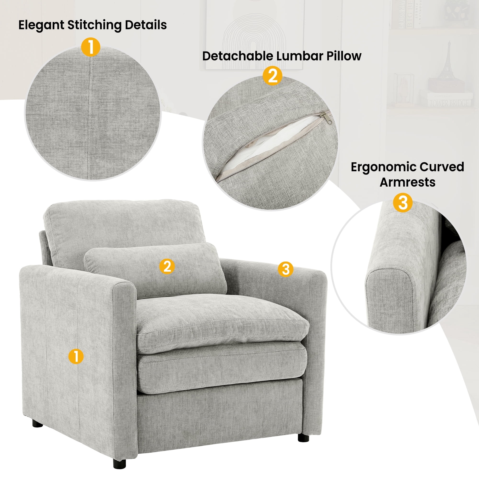 Leumius 31.9" Cozy Upholstered Armchair Oversized Comfy Cloud Sofa Double Cushion Single Sofa Plush Cushion Armchair for Living Room, Bedroom Light Grey