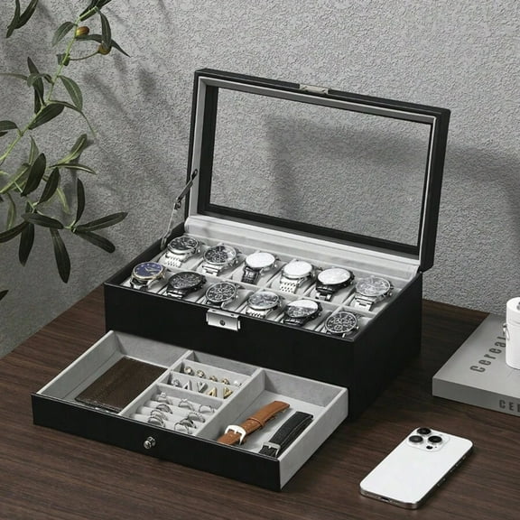 JQDWMDLX High End Watch Box for Men, 12 Slot Wooden Watch Case With Drawer, 2-Layer Watch Holder for Jewelry and Watch Storage for Men Women,Grey