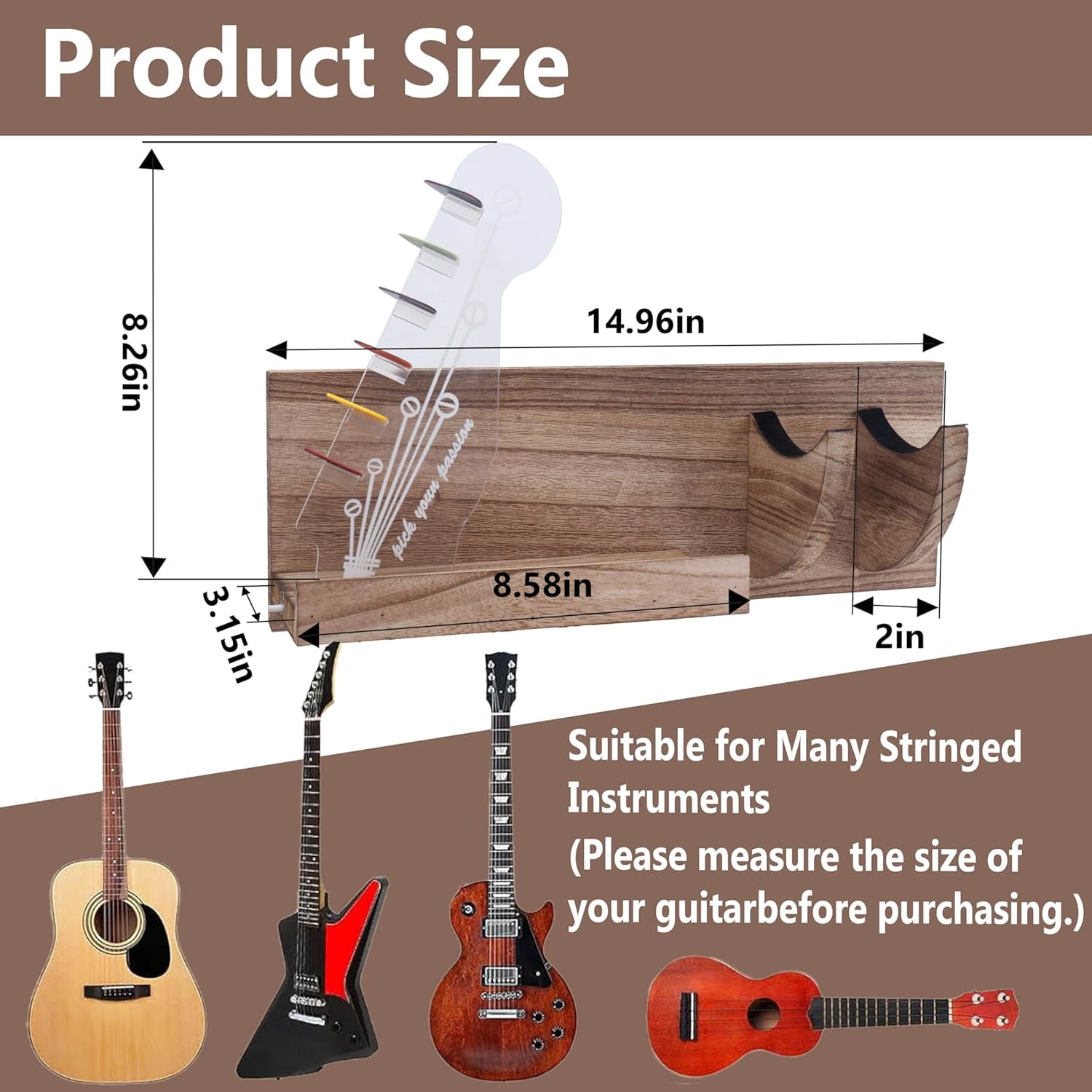 Guitar Wall Mount Hanger Bass Stand Light Up Wood Hanging with LED Acrylic Guitar Pick Holder Display Electric USB-Powered Guitar Accessories - Gift for musicians Men, Music Lovers Players Room Decor