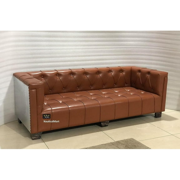 NauticalMart Aviator Three Seater Sofa Real Leather and Aluminum Living Room Vintage Brown Furniture