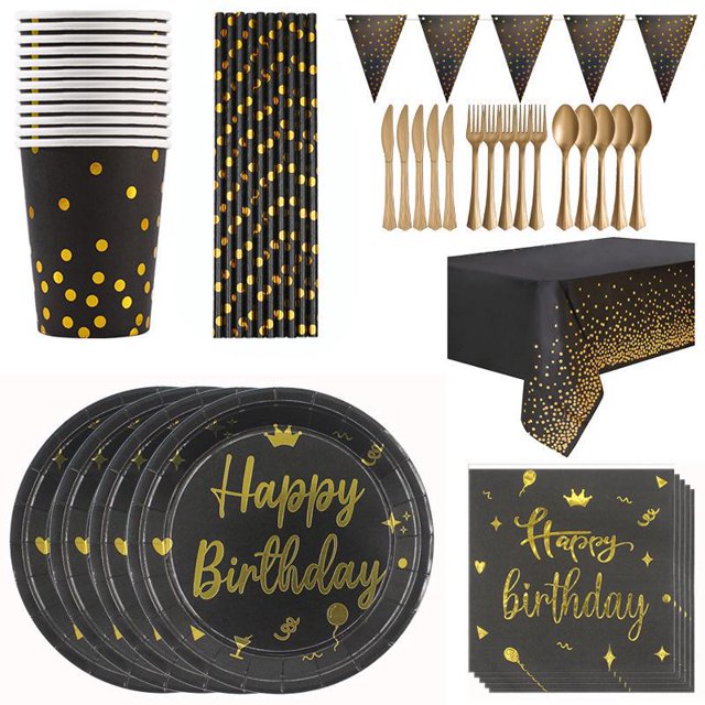 Vajilla de cumpleaños negra y dorada, vajilla de fiesta para 20 invitados, plato de papel, vaso de papel para fiestas, bodas, fiestas de graduación, platos de fiesta de Halloween