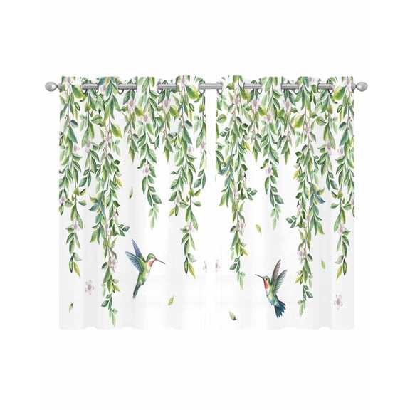 Spring Botanical Sheer Curtains 45 Inch Length 2 Panels Set for Living Room/Bedroom, Watercolor Leaves Flowers Birds Country Kitchen Curtains Grommet Semi-Sheer Curtains Window Treatments 42"x45"x2
