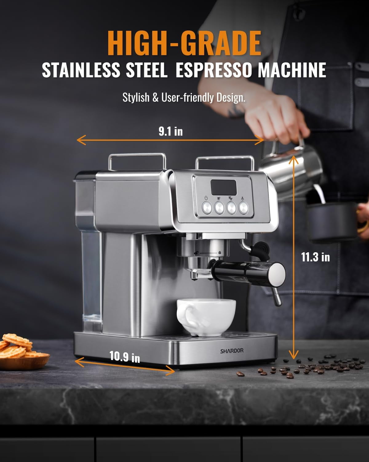 GDOR 1350W Espresso Machine 20 Bar with Milk Frother Steam Wand, Professional Manual Latte & Cappuccino Maker for Home, 60 Oz Water Tank, Temperature Display, Stainless Steel