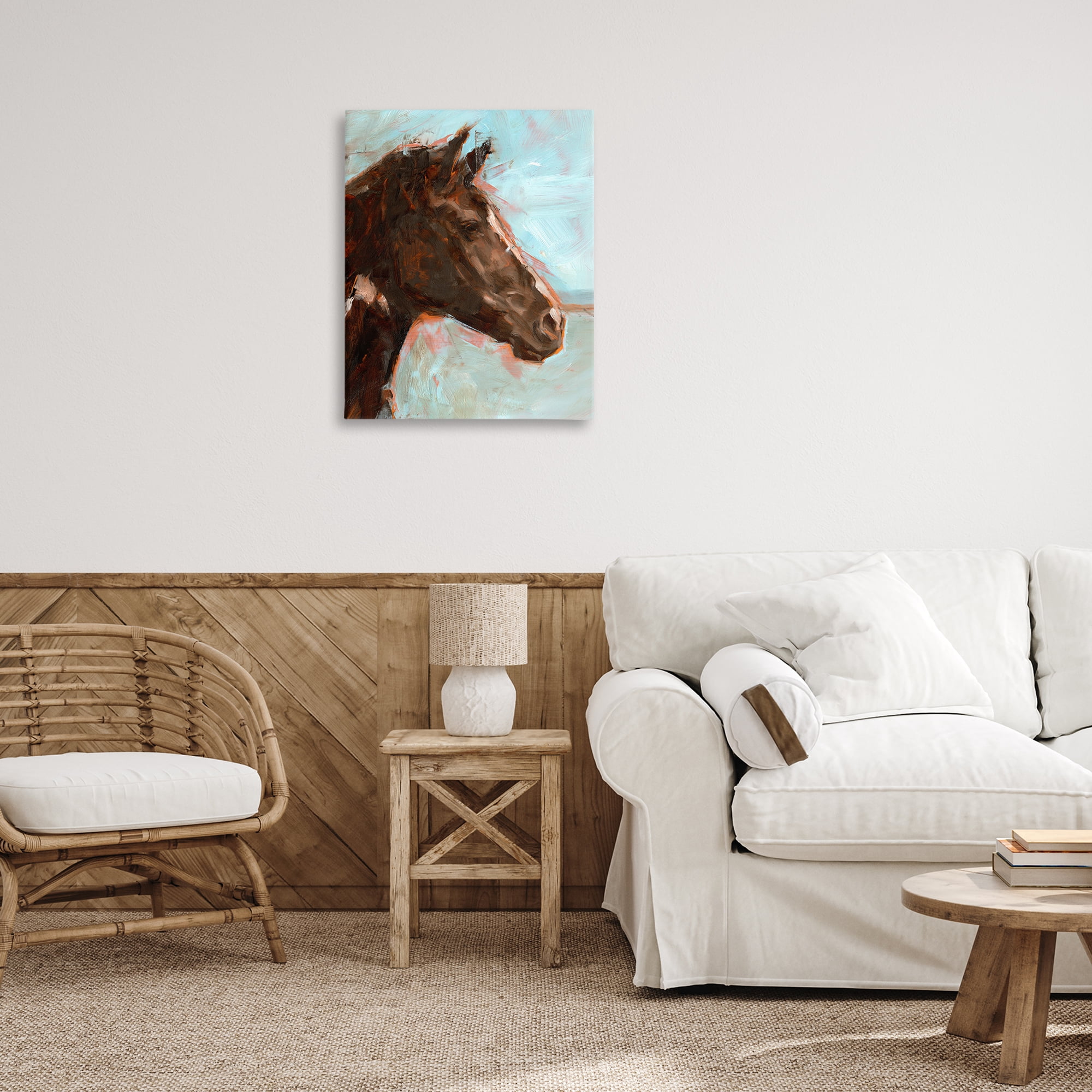 Stupell Industries Brown Horse on Blue Animals Painting Wrapped Canvas Art Print Wall Art, 24 x 30