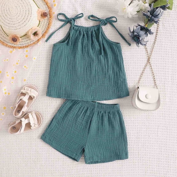 Cotton Sets for Girls 2 Piece Spaghetti Strap Tank Tops Wide Leg Shorts Outfits 6M-4Y Toddlers Kids Solid Lightweight Going-Out Loungewear Set