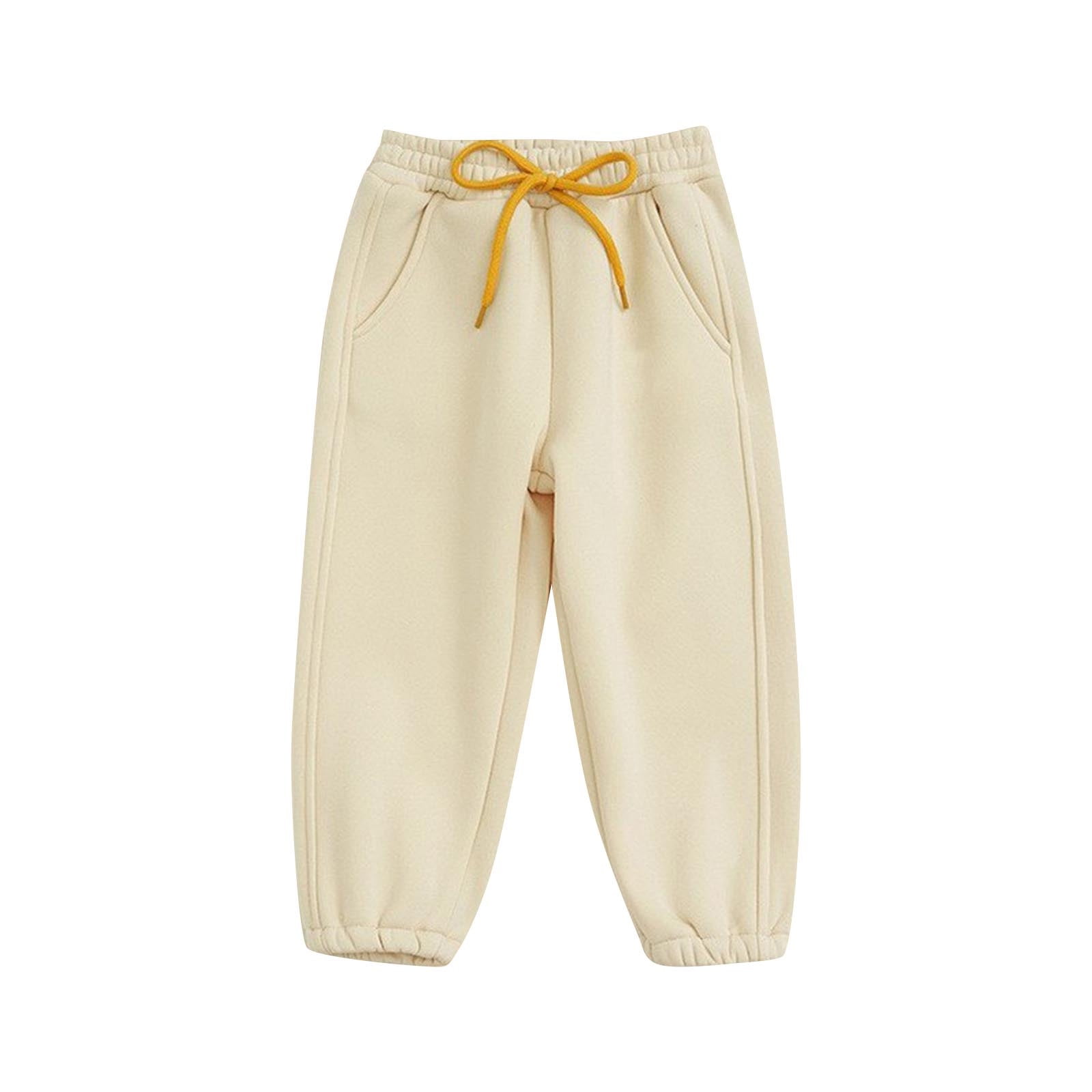 1-10 Years Girls Fleece Lined Long Pants Casual Solid Color Drawstring Warm Straight Leg Ankle Pants Beige