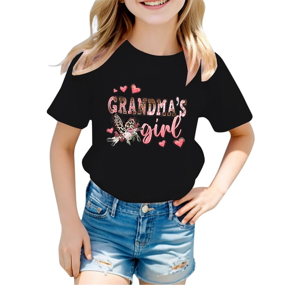 RMGVDSD Girls Casual T-Shirts Grandma's Girl Heart Print Crew Neck Short Sleeve Loose Party Holiday Summer Kids Comfortable Fashion Cute Tee Tops,3-4 Years