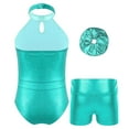 thumbnail image 2 of TiaoBug Kids Girls Sparkle Sequins Halter Neck Gymnastics Leotard Ballet Dance Bodysuit with Shorts Hair Band Set Blue Green 12, 2 of 7