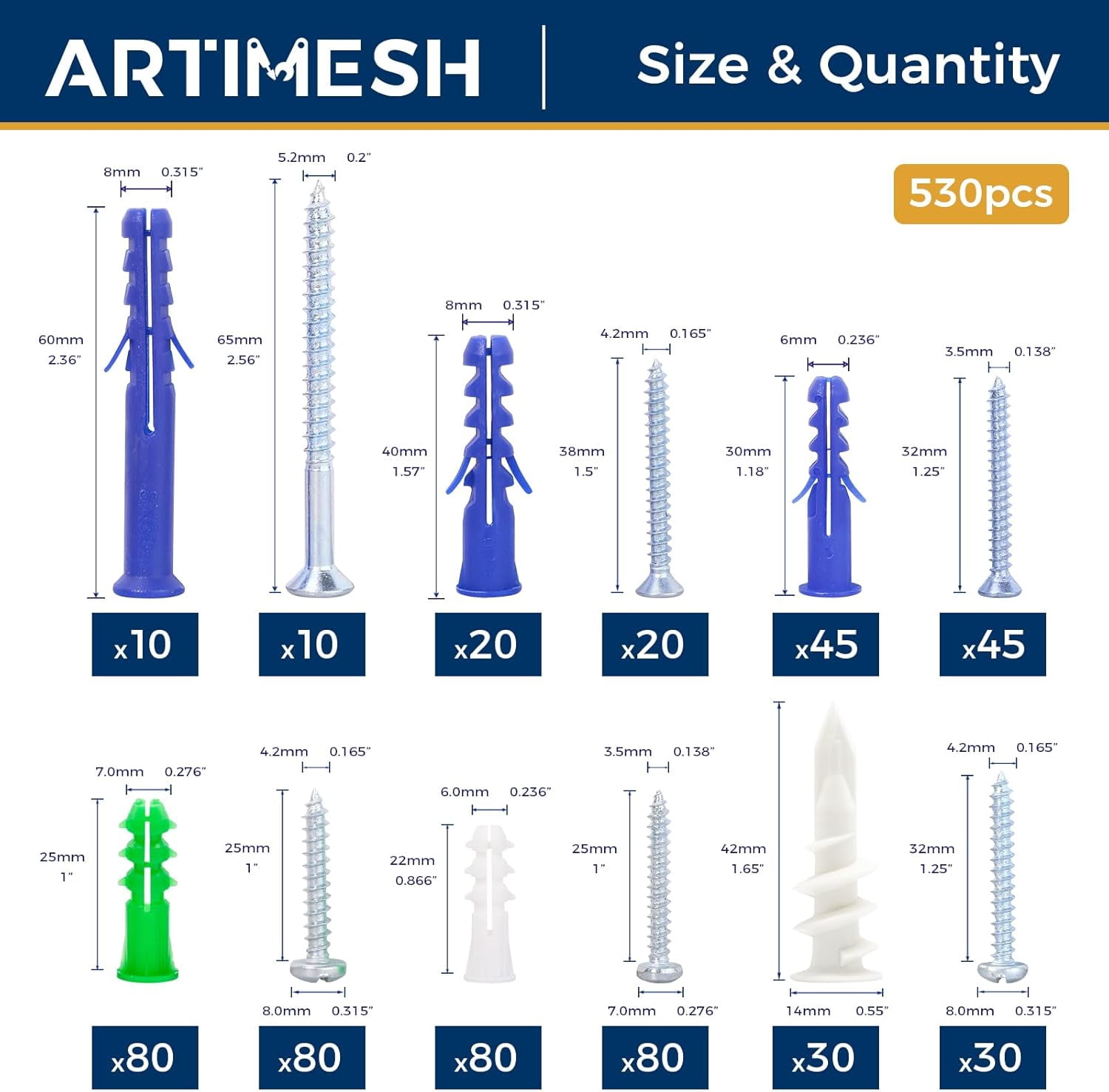 530PCS Wall Anchors Assortment Kit with Drywall Anchors and Screws, Picture Hangers, 6 Sizes Picture Frame Hanging Kit