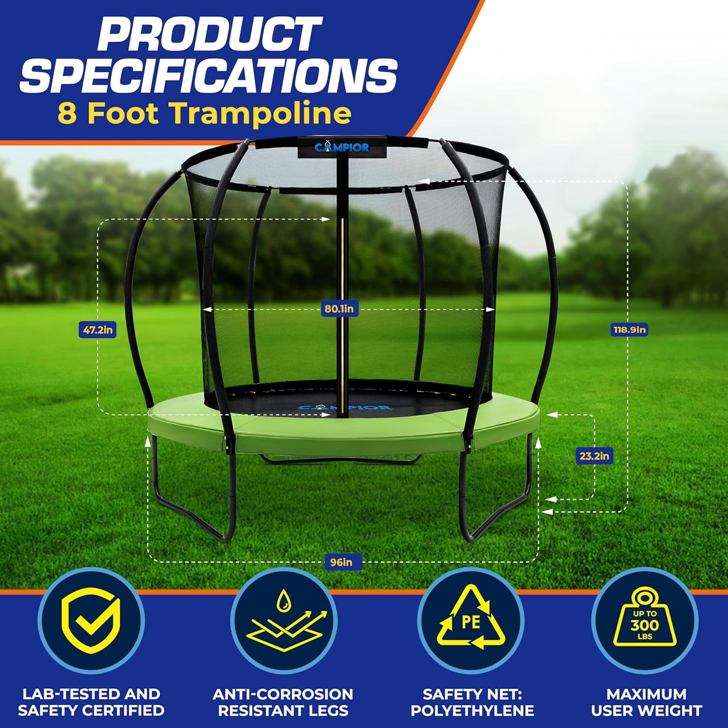 Campior Pumpkin Trampoline with Hoop & Enclosure – Durable, Safe, Waterproof, Backyard Fun - Green 8FT