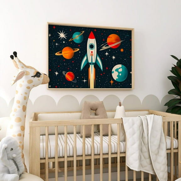 Retro Rocket Playroom Art, Space Rocket Print, Boy'S Room Decor, Colorful Space Theme Child Room Art, Nursery Wall Art, Outer Space Poster Wall Art, Modern Wall Decor, 8x12 UNFRAMED