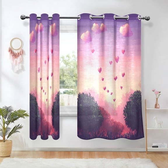 Yayeee Window Curtains Set of 2 for Living Room Light Filtering 63"x42", Pixel Floating Hearts