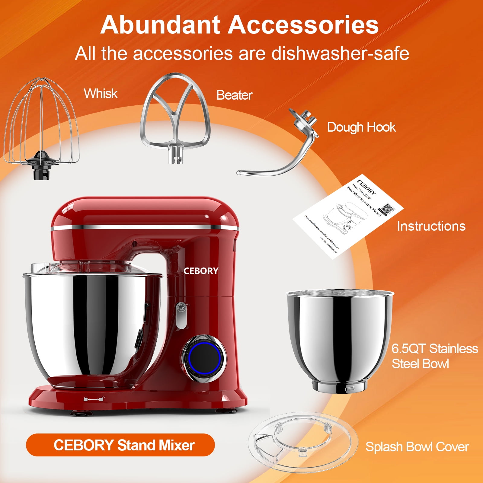 CEBORY 3-IN-1 Stand Mixer, 6.5 QT Tilt-Head 10-Speed Food Mixer, Kitchen Electric Mixer with Dough Hook, Beater, Whisk, Bowl for Most Home Cooks