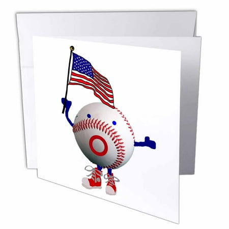 3dRose Funny Cute Baseball Character with American Flag - Greeting Cards, 6 by 6-inches, set of 12