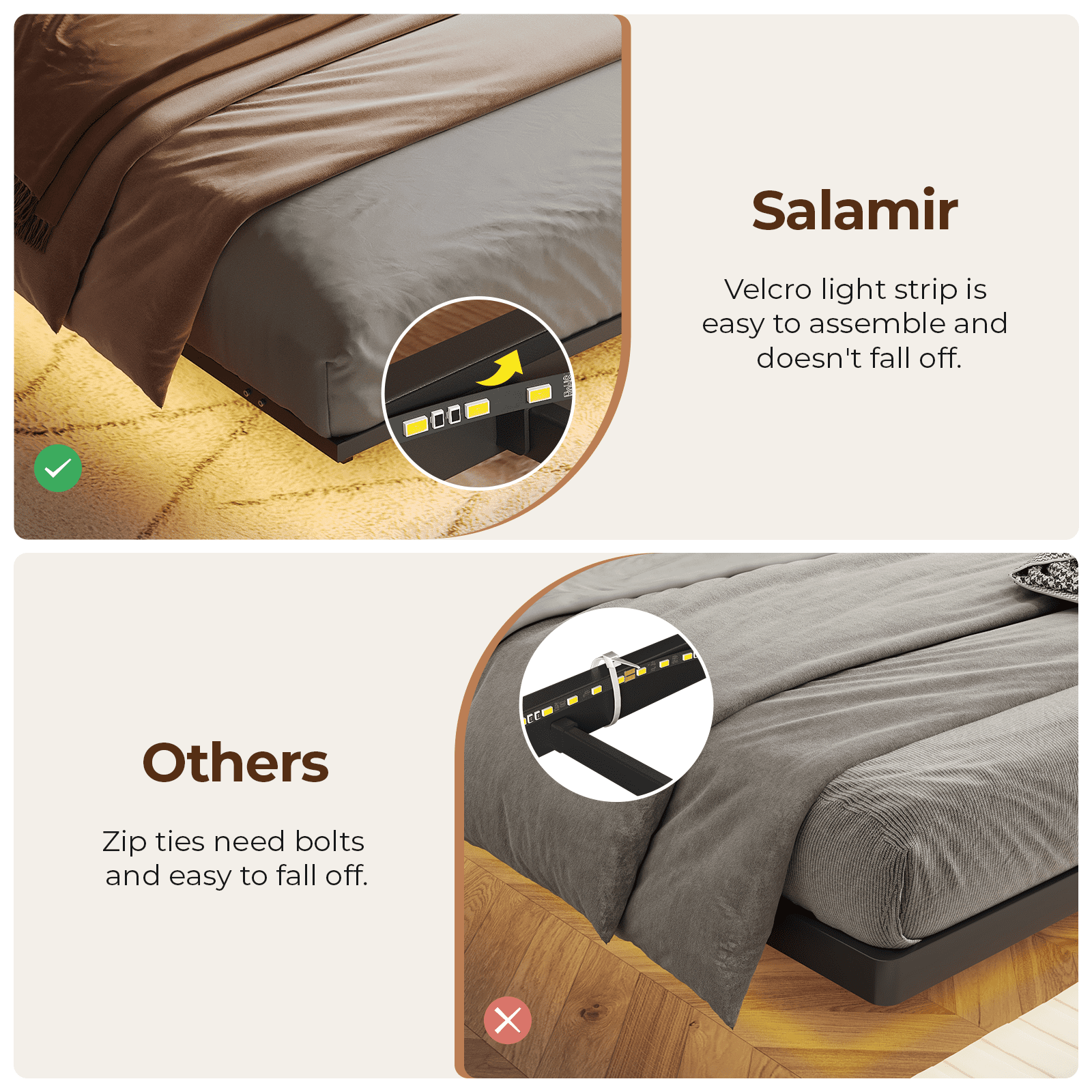 Vefurn Queen Floating Bed Frame with LED Lighting, Charging Ports, Upholstered Headboard, Black
